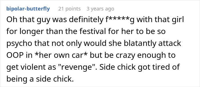 A Reddit comment from bipolar-butterfly discussing a GF not driving two drunk women who insulted her, with the BF thinking she's mean. A Reddit comment from bipolar-butterfly discussing a GF not driving two drunk women who insulted her, with the BF thinking she's mean.