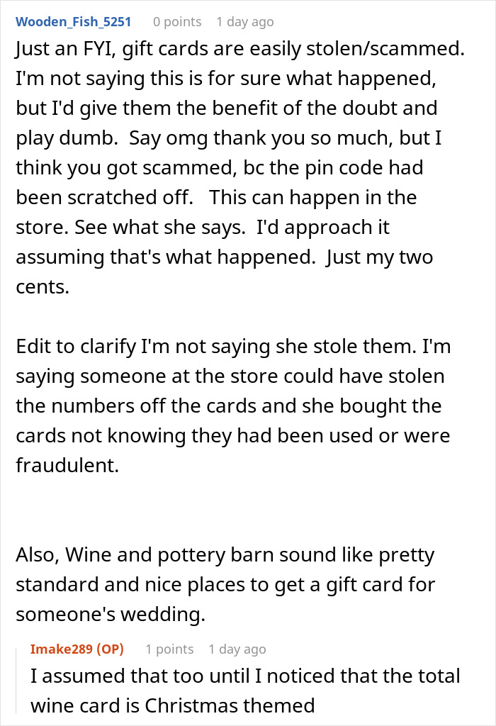 Reddit comment suggesting a gift card scam explanation for the used wedding gift cards, not blaming the cousin.