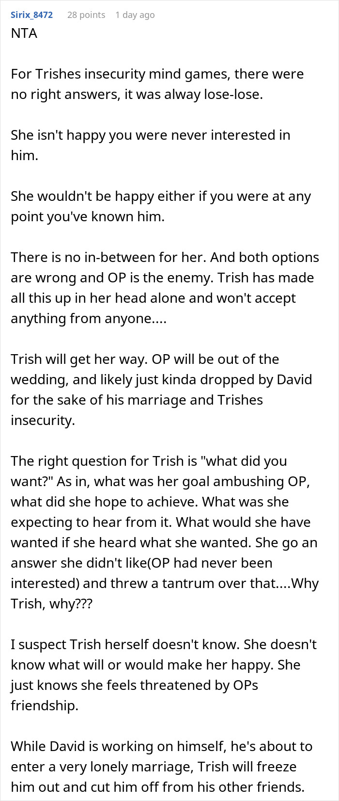 A comment discussing the bride's insecurity and mind games to get a love confession from the groom's female bestie. A comment discussing the bride's insecurity and mind games to get a love confession from the groom's female bestie.