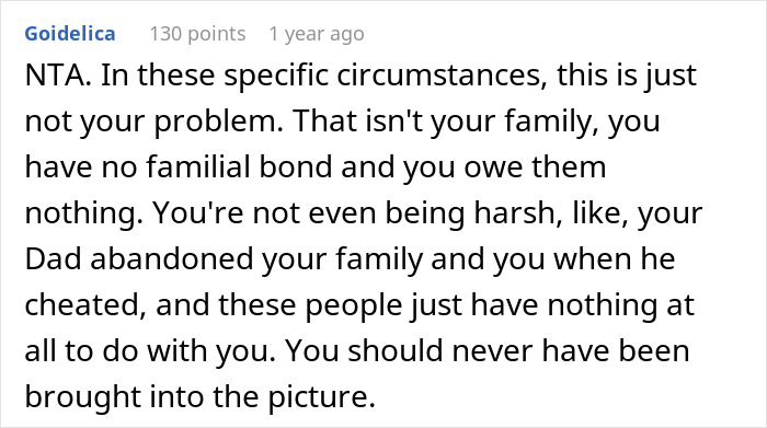A screenshot of a comment saying a man should not feel bad for not saving his half-siblings from foster care.