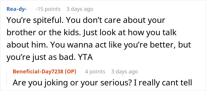 Reddit comment accusing the author of being spiteful and not caring about the kids or his brother Reddit comment accusing the author of being spiteful and not caring about the kids or his brother