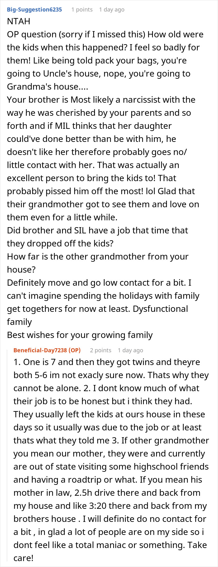 A detailed Reddit comment addressing the children's ages and family dynamics in the free babysitting dispute. A detailed Reddit comment addressing the children's ages and family dynamics in the free babysitting dispute.