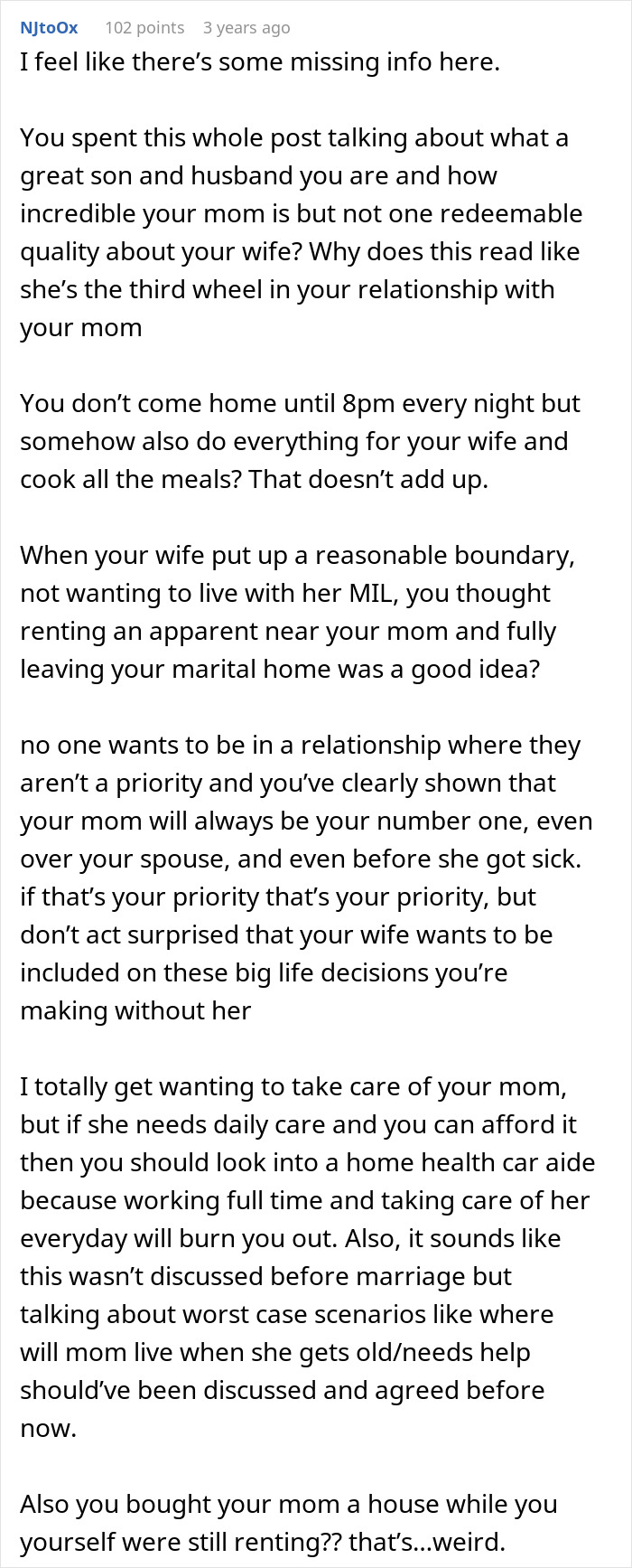 Comment discussing the wife's role and priorities in a marriage with a sick mom involved