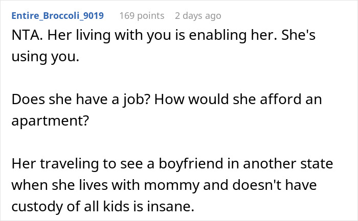 Screenshot of Reddit comment discussing enabling daughter, her employment, and her visits with toxic boyfriend. Screenshot of Reddit comment discussing enabling daughter, her employment, and her visits with toxic boyfriend.