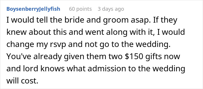 A Reddit comment from BoysenberryJellyfish advising to tell the bride and groom about the bridal shower charges.
