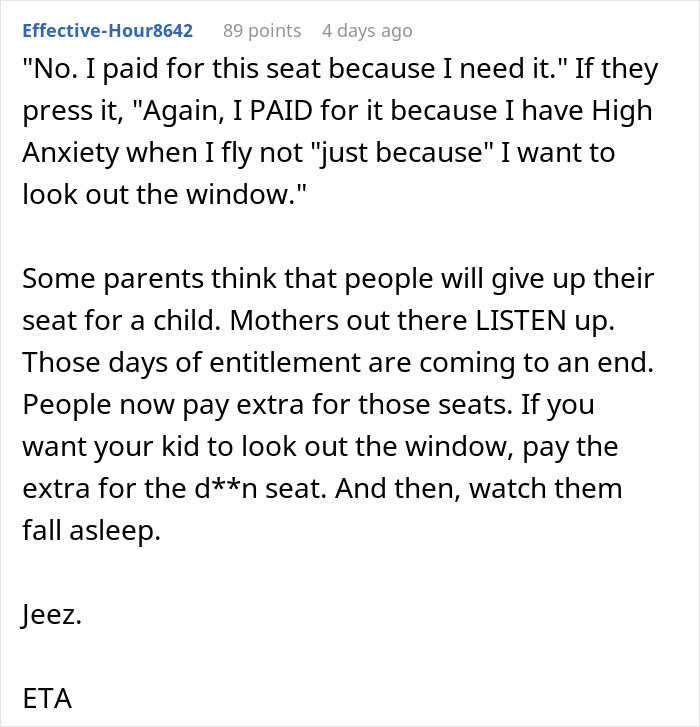 Woman pays extra for airplane window seat, spends flight in an aisle seat because of a kid. Woman pays extra for airplane window seat, spends flight in an aisle seat because of a kid.