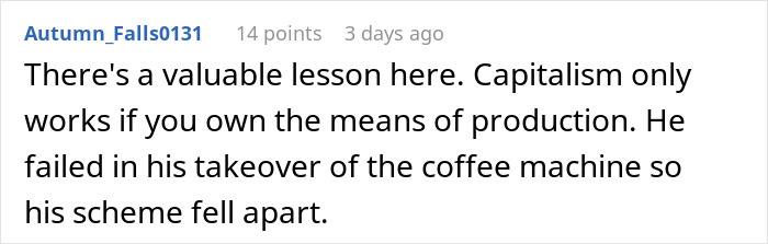 Online comment discussing ownership of a coffee machine at work.