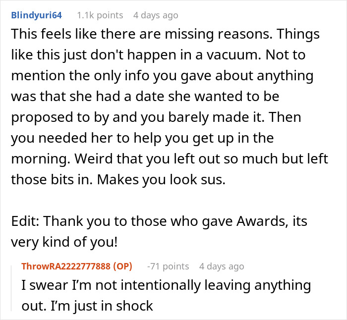 A Reddit comment discusses missing reasons behind a GF leaving after a marriage proposal, suggesting hidden context. A Reddit comment discusses missing reasons behind a GF leaving after a marriage proposal, suggesting hidden context.