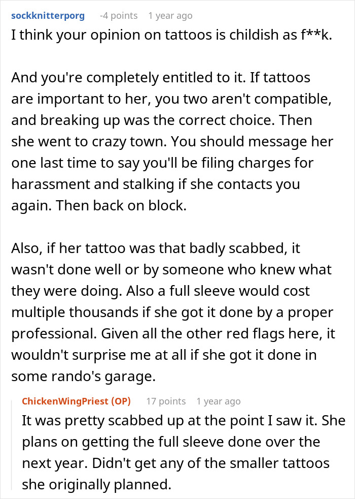 Reddit comment discussing a woman who gets tattoos and relationship compatibility. Reddit comment discussing a woman who gets tattoos and relationship compatibility.