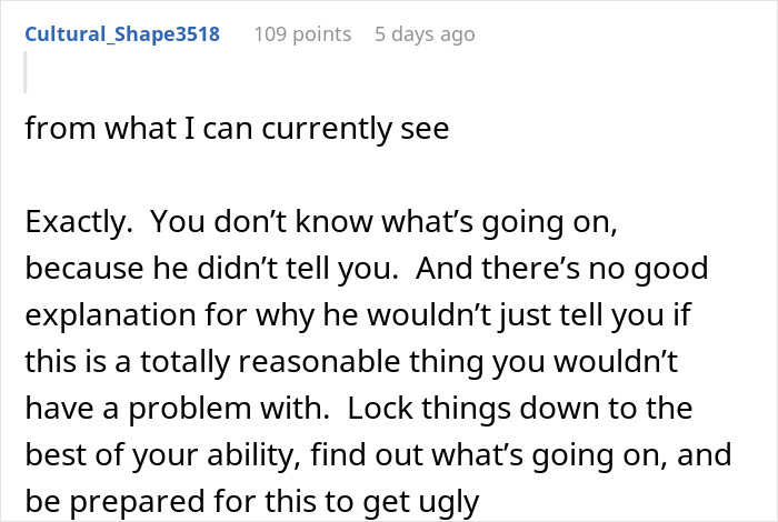 A Reddit comment discussing a husband's spending and the wife separating finances, suggesting action and caution.