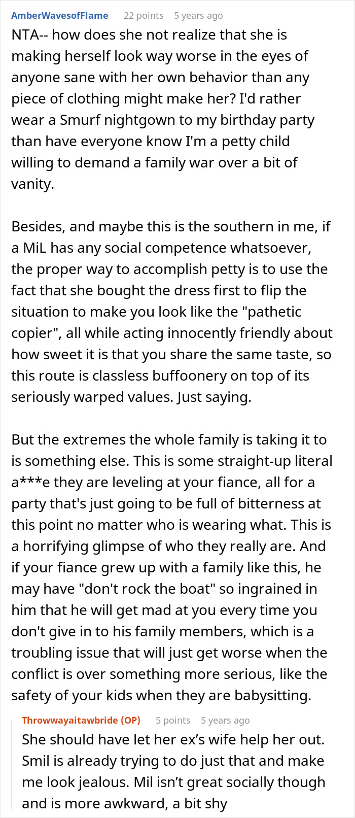 Wedding dress conflict: a user's take on a MIL's behavior and the impact on a bride and groom. Wedding dress conflict: a user's take on a MIL's behavior and the impact on a bride and groom.