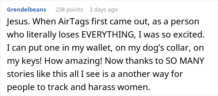 User comment reflecting on safety concerns after a nanny finds AirTag in her car
