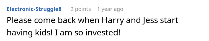 Comment on open relationship story expressing high investment in the new couple Harry and Jess Comment on open relationship story expressing high investment in the new couple Harry and Jess