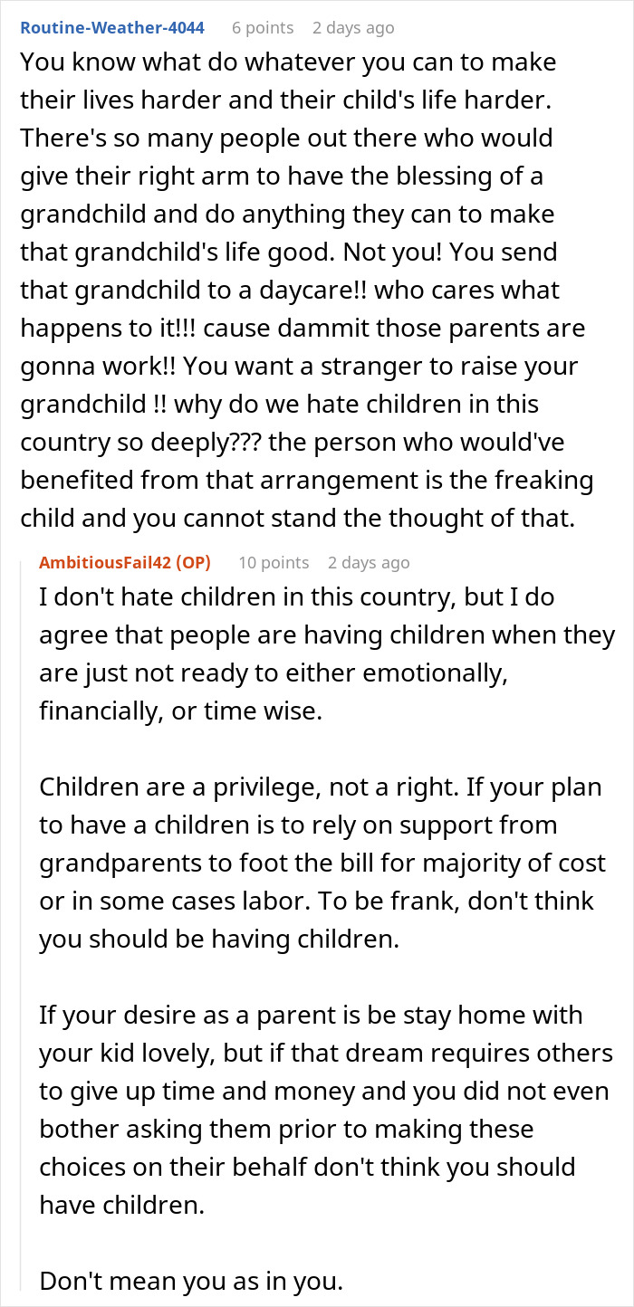 A Reddit discussion about parents giving son free housing, with comments on children as a privilege.