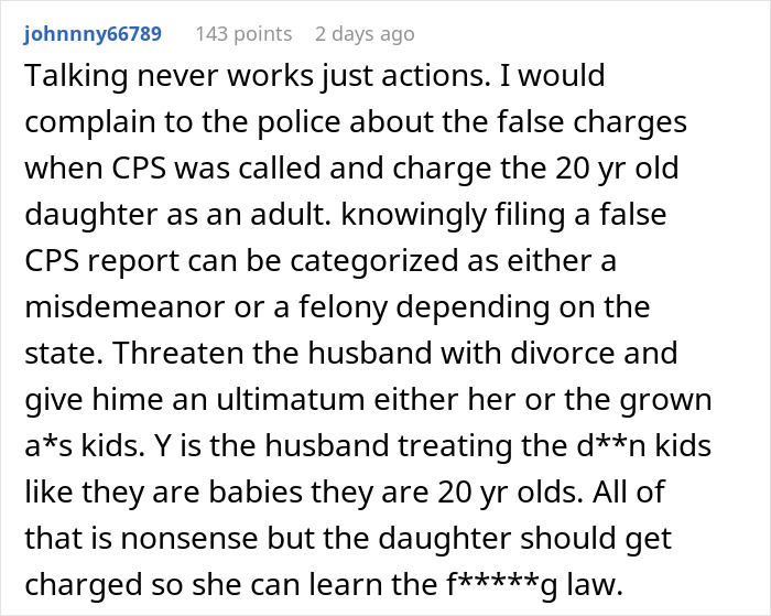 An online comment advising the stepmom to report false CPS calls to the police regarding the 20-year-old daughter.
