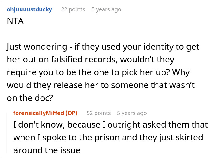 A screenshot of a comment questioning the logistics of a prison release during a mom and aunt's prison break. A screenshot of a comment questioning the logistics of a prison release during a mom and aunt's prison break.