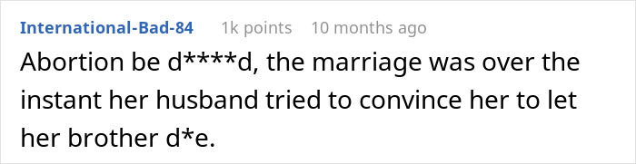 Online comment discussing how a husband prioritised a pregnancy over his wife saving her brother's life. Online comment discussing how a husband prioritised a pregnancy over his wife saving her brother's life.