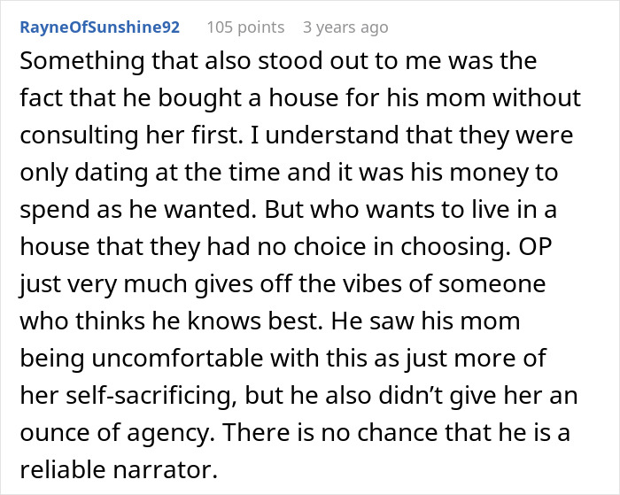 Comment highlights husband buying house for sick mom without consulting wife in marriage conflict