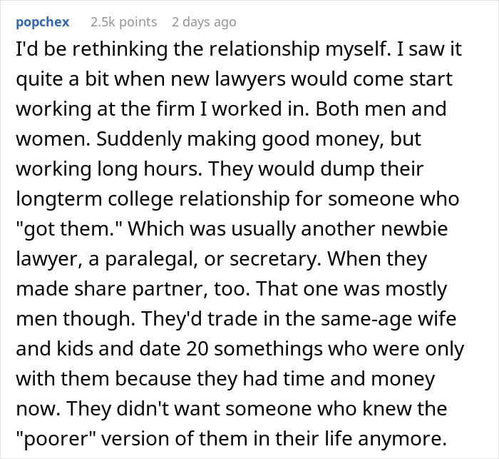 A screenshot of a Reddit comment about professionals who dump their partners after making good money, relating to a guy who went from minimum wage to $200K. A screenshot of a Reddit comment about professionals who dump their partners after making good money, relating to a guy who went from minimum wage to $200K.