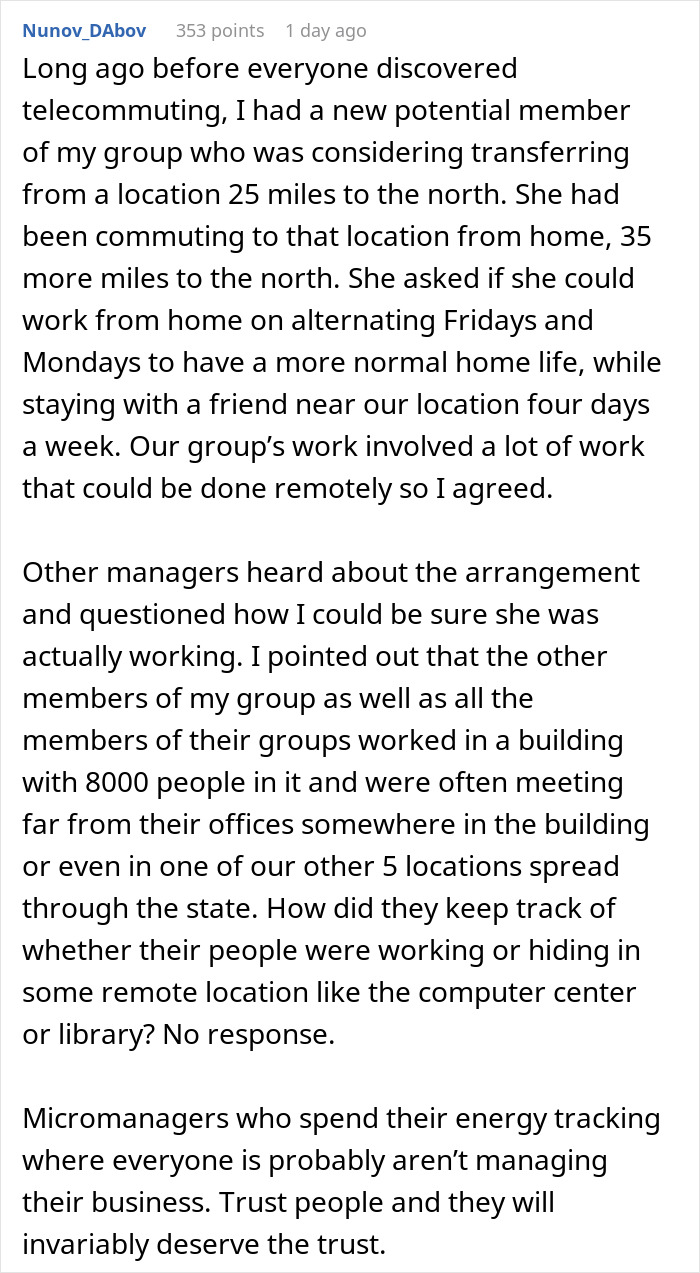 A screenshot discussing an employee's approved home office and the challenges of managing remote work. A screenshot discussing an employee's approved home office and the challenges of managing remote work.