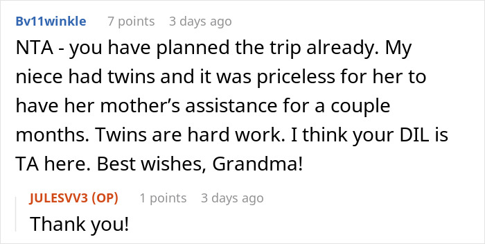 A screenshot of a forum comment stating MIL planned the trip to support her daughter with twin newborns. A screenshot of a forum comment stating MIL planned the trip to support her daughter with twin newborns.