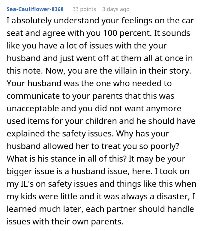 Comment discussing car seat safety issues with in-laws
