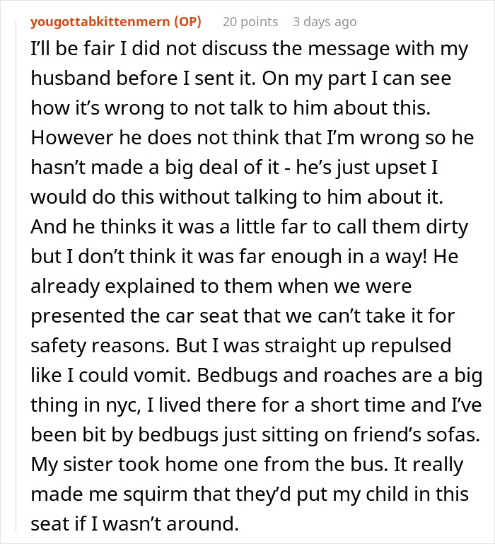 Comment explaining repulsion and safety concerns about car seat found in garbage