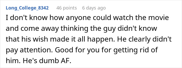 Comment criticizing guy for missing movie's plot about wish causing events, related to obsession