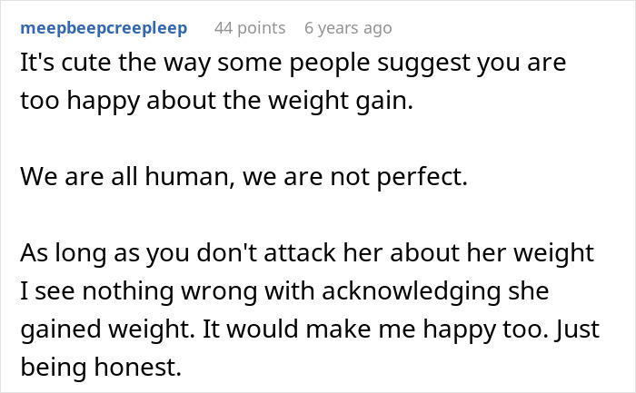 A comment about accepting weight gain and not attacking someone for it, relevant to the teen's revenge. A comment about accepting weight gain and not attacking someone for it, relevant to the teen's revenge.