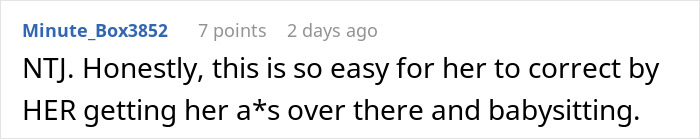 Comment encouraging sister to babysit herself to fix issue
