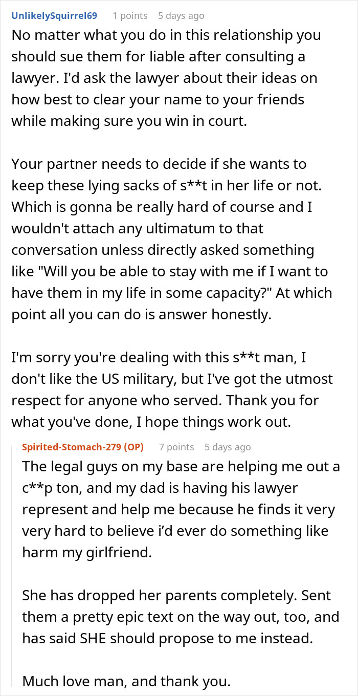 A screenshot of a Reddit comment advising legal action and how a daughter's boyfriend can clear his reputation. A screenshot of a Reddit comment advising legal action and how a daughter's boyfriend can clear his reputation.
