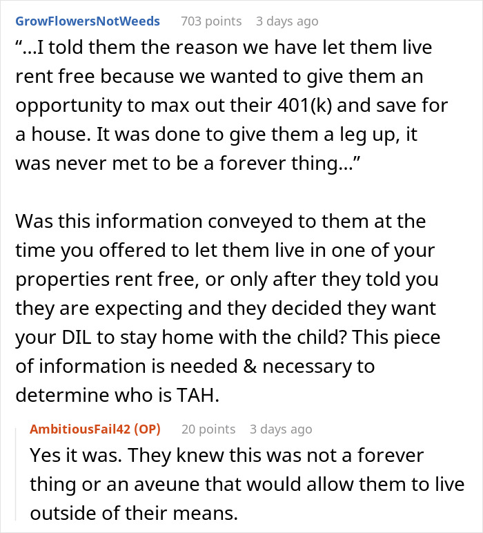 Parents give son free housing; a Reddit comment about living rent-free to save for a future house.