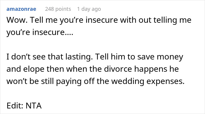 A Reddit comment expressing disbelief at the bride's insecurity about the groom's female bestie. A Reddit comment expressing disbelief at the bride's insecurity about the groom's female bestie.