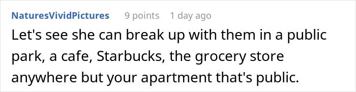 A screenshot of a comment listing public places for a woman to dump men, not an apartment. A screenshot of a comment listing public places for a woman to dump men, not an apartment.