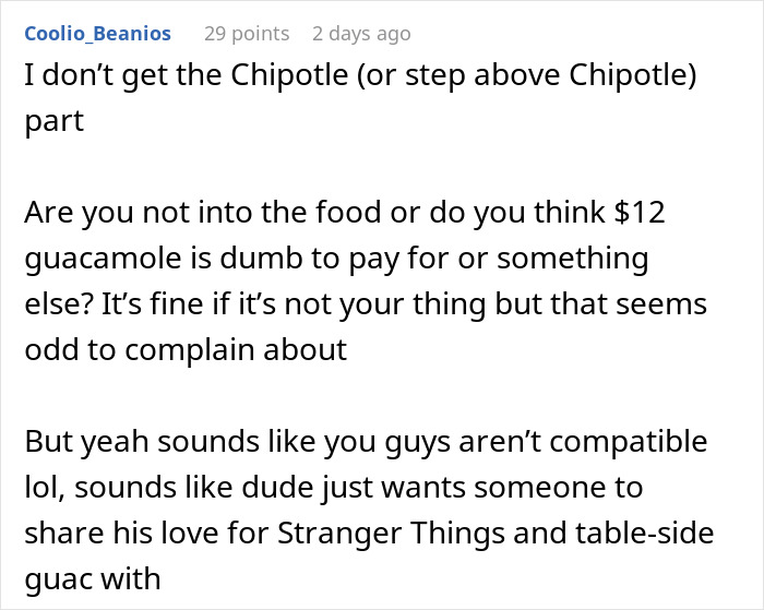 Social media comment on a post about a second date with Stranger Things homework and food preferences. Social media comment on a post about a second date with Stranger Things homework and food preferences.