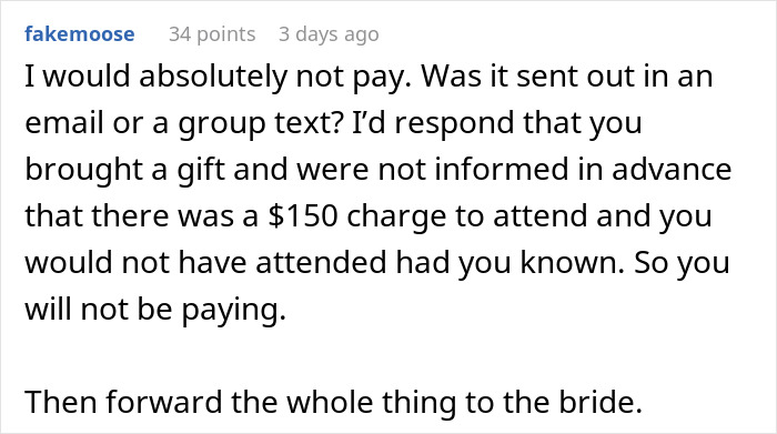 A Reddit comment from fakemoose advising not to pay for the bridal shower and to inform the bride.