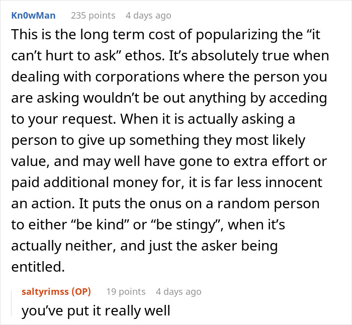 A comment about the long-term cost of popularizing the it cant hurt to ask ethos, regarding airplane seats. A comment about the long-term cost of popularizing the it cant hurt to ask ethos, regarding airplane seats.