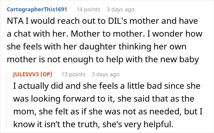 Reddit comment thread discussing how a DIL mother feels about family support after childbirth Reddit comment thread discussing how a DIL mother feels about family support after childbirth