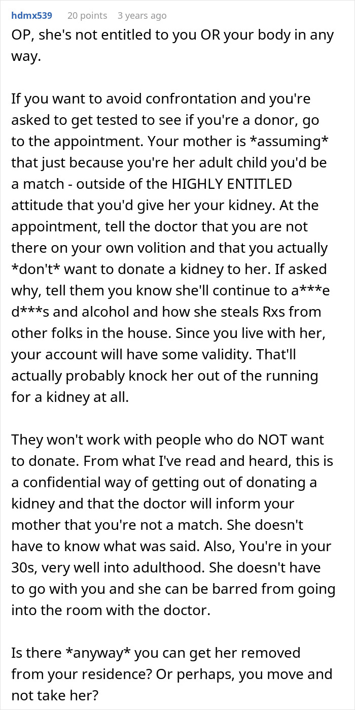 A comment advising on how to avoid donating a kidney to a toxic mom who neglects her health.