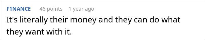 A short comment stating that parents spending their own money is entirely their choice. A short comment stating that parents spending their own money is entirely their choice.
