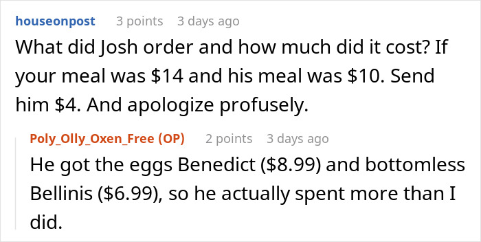 A screenshot of a reddit comment detailing a breakfast order, highlighting a man's BIL and expensive food. A screenshot of a reddit comment detailing a breakfast order, highlighting a man's BIL and expensive food.
