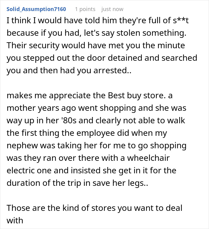 A comment praising Best Buy's employee for offering a wheelchair to an elderly woman, advocating for accessibility and good service. A comment praising Best Buy's employee for offering a wheelchair to an elderly woman, advocating for accessibility and good service.