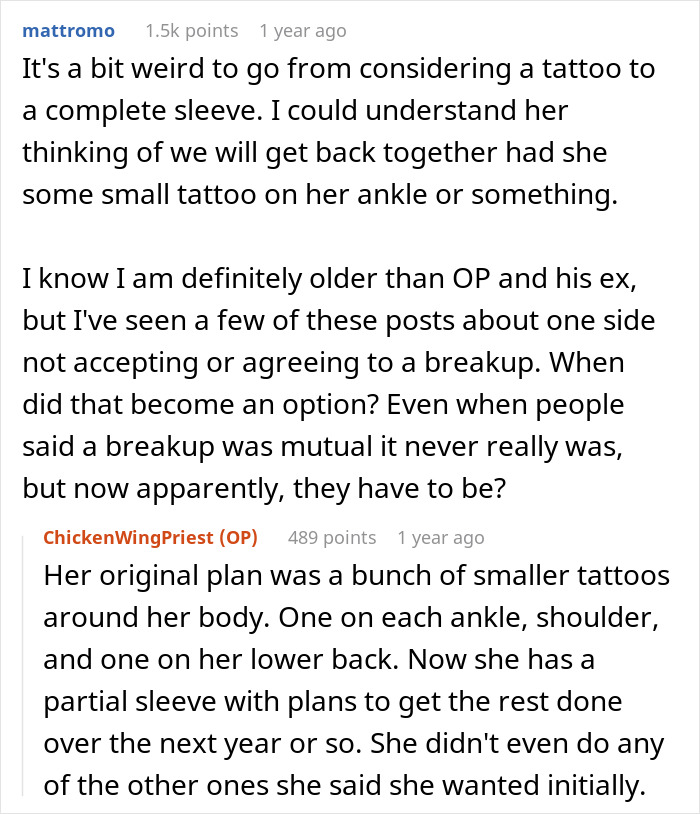 Screenshot of Reddit comments debating a woman getting tattoos and her boyfriend leaving, and their breakup. Screenshot of Reddit comments debating a woman getting tattoos and her boyfriend leaving, and their breakup.