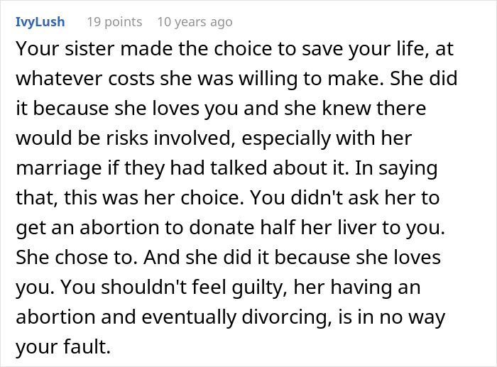 User IvyLush commenting on the choice of a sister who gives brother part of her liver User IvyLush commenting on the choice of a sister who gives brother part of her liver