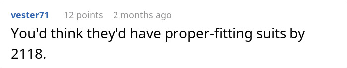 A user comment questioning clothing styles in 2118, relating to the time traveler chilling war prediction.