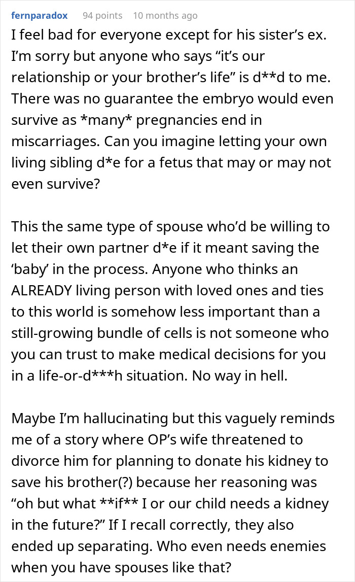 A detailed Reddit post comment criticising the ex-husband when a sister gives brother part of her liver. A detailed Reddit post comment criticising the ex-husband when a sister gives brother part of her liver.