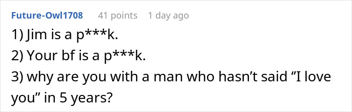 A comment on social media asking why someone is with a man who hasn't said I love you in 5 years.