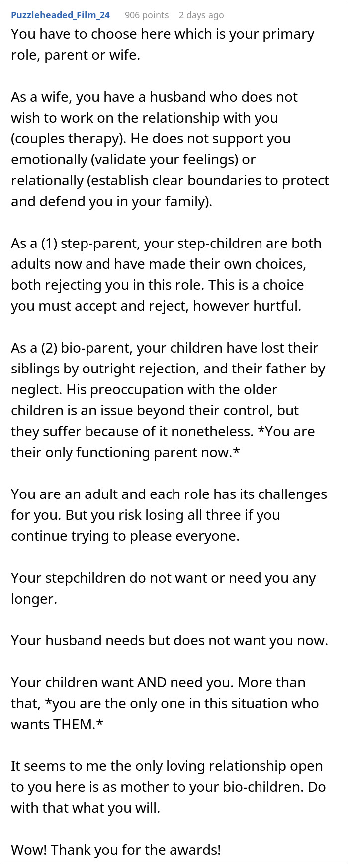 Reddit comment advising a wife and stepmom to prioritize her role as a biological parent.