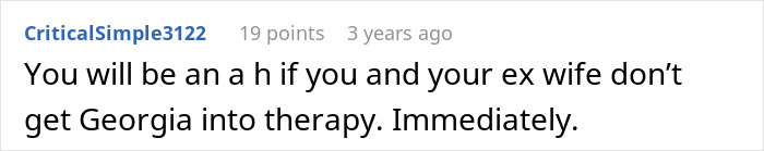 A Reddit comment recommending therapy for the 17YO daughter after her cruel stunt to scare off dad's girlfriend. A Reddit comment recommending therapy for the 17YO daughter after her cruel stunt to scare off dad's girlfriend.