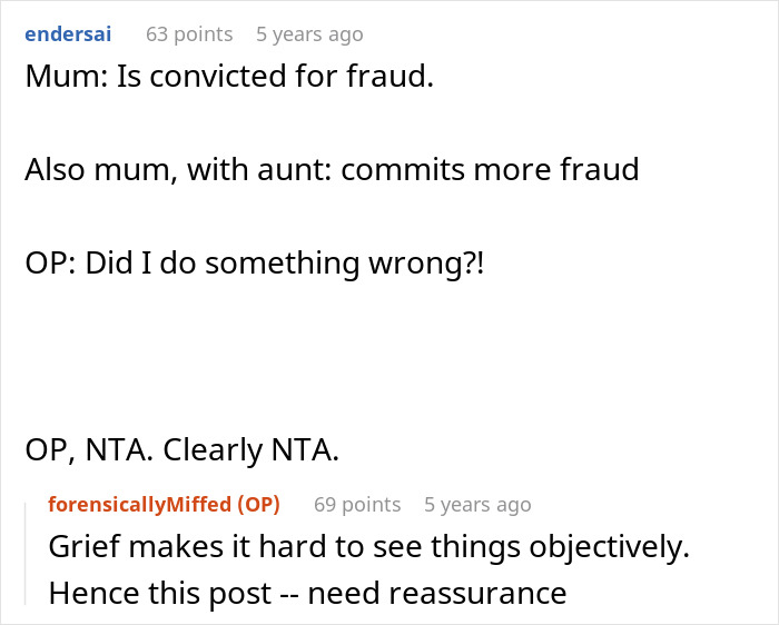 A screenshot showing a comment about a mom and aunt committing more fraud after a previous conviction, related to a prison break. A screenshot showing a comment about a mom and aunt committing more fraud after a previous conviction, related to a prison break.